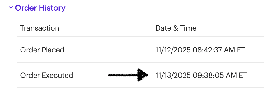 E*TRADE expanded order details showing order placed and order executed times