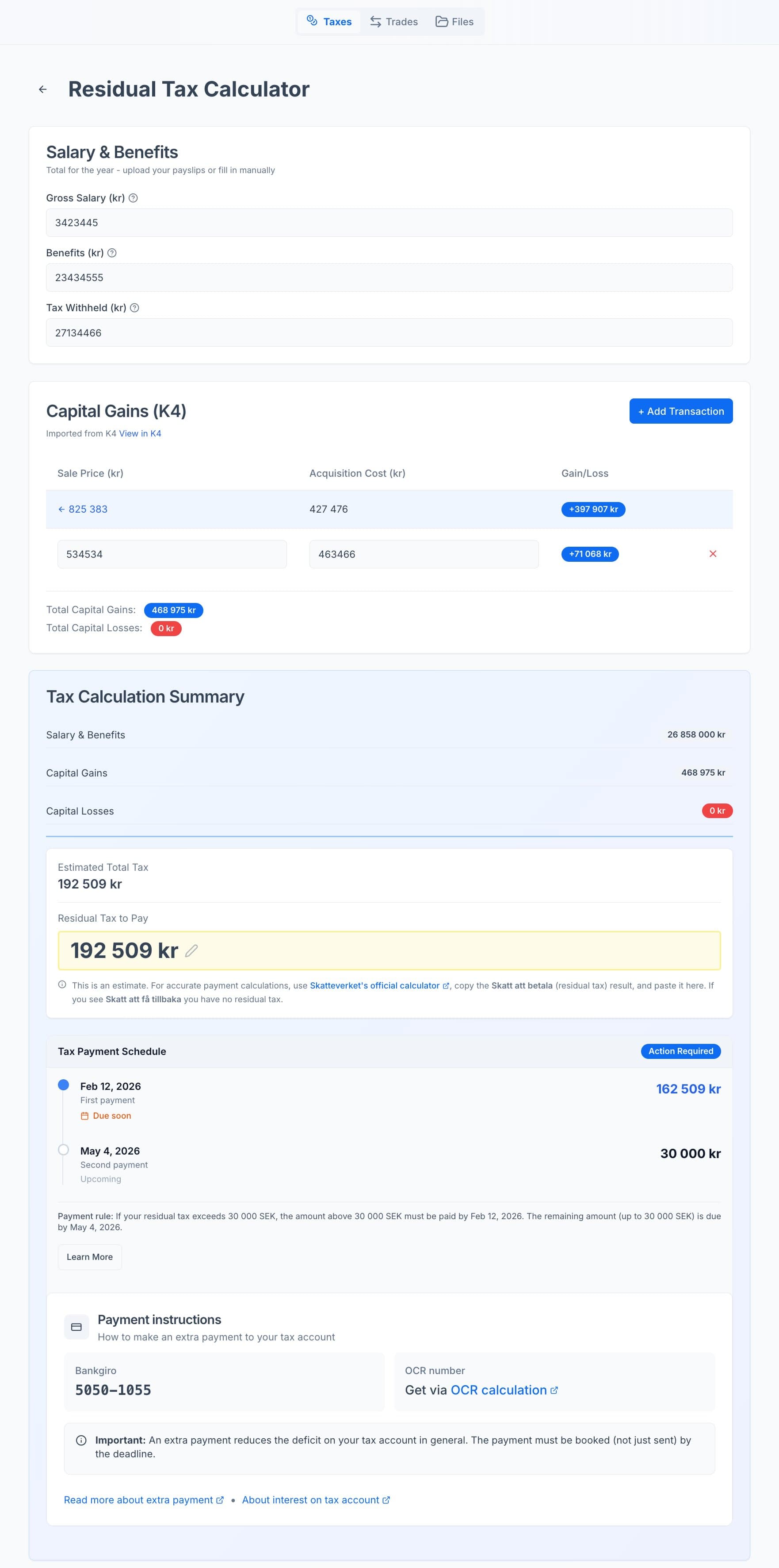 Residual Tax Calculator interface showing tax liability estimation