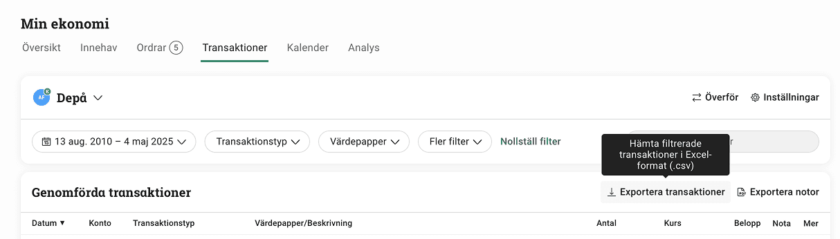 Avanza: Exportera transaktioner as CSV