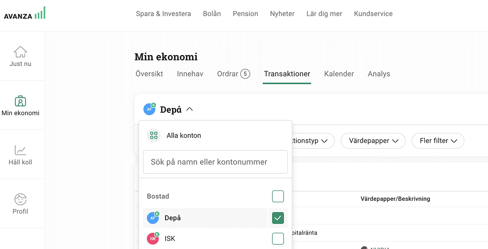 Avanza: Select account and go to the Transaktioner tab