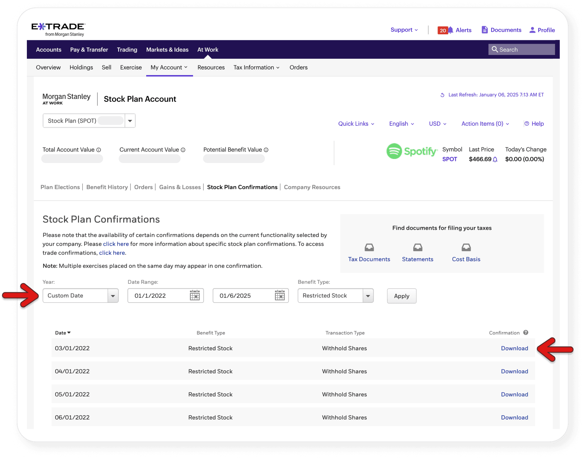 ETrade page showing how to download RSU documents