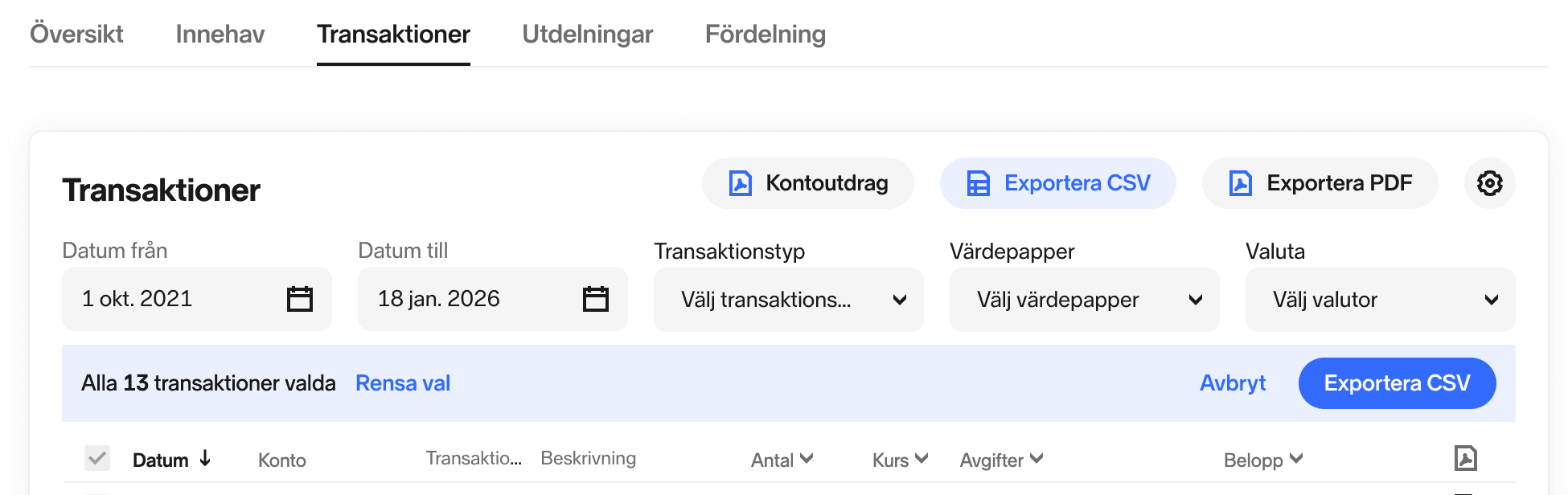 Nordnet: Export transactions as CSV